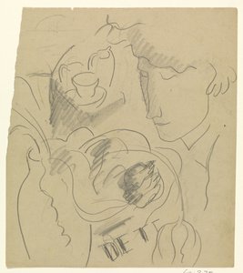 花瓶の花のにおいを嗅ぐ女性 作： Leo Gestel
