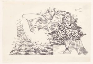 前景の花のバスケットで、鳥を解放する波の中で女性のヌード 作： Leo Gestel