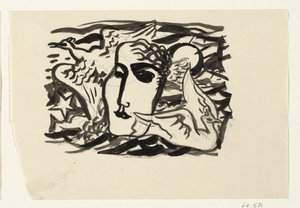 女性の頭と海を背景にしたカモメ 作： Leo Gestel