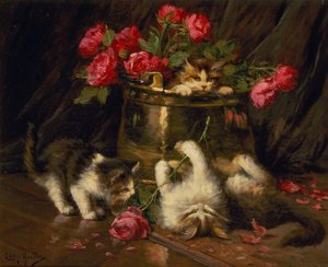 遊び心のある子猫 (キャンバスに油彩) 作： Leon Charles Huber