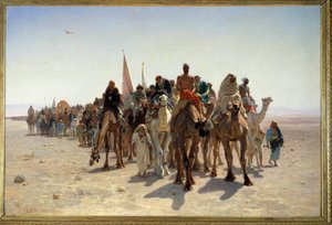 メッカに行くペレラン 砂漠のラクダに乗った旅人からのカルヴァン。レオン・オーギュスト・アドルフ・ベリー（1827-1877）による絵画 1861年 日1,6x2,4 m パリ、オルセー美術館 作： Leon Auguste Adolphe Belly