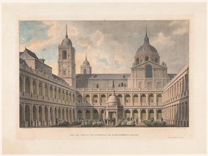 Zicht op de Patio de los Evangelistas van het San Lorenzo de El Escorial 修道院 R. Monasterio de S. Lorenzo の伝道者裁判所の眺め (オブジェクトのタイトル)