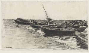 エトルタのビーチの漁船 作： Leon Augustin Lhermitte