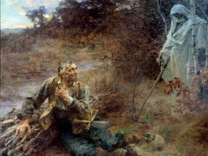 La mort et le woodman ジャン・ド・ラ・フォンテーヌ（1621-1695）の寓話のための挿絵 レオン・オーギュスタン・レルミット（1844-1925）の絵画 1893年 2.06 x 2.42 m Chateau Thierry, musee La Fontaine - 死と薪割り人。ジャン・ド・ラ・フォンテーヌの寓話の挿絵 作： Leon Augustin Lhermitte