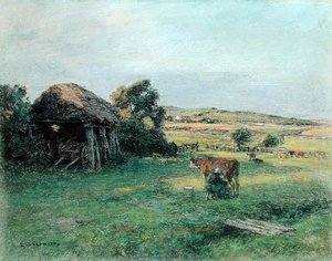 牛の乳搾りをする農民女性のいる風景」1880年代半ば（油彩・キャンバス） 作： Leon Augustin Lhermitte