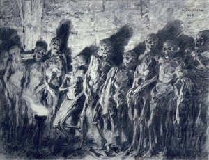 ミイラの金庫、または1885年ボルドーの聖ミカエルの塔からのスケルトン（紙に木炭） 作： Leon Augustin Lhermitte