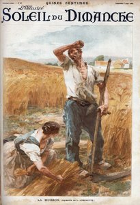 収穫の様子。農民が畑で麦を刈る。L.Lhermitteの水彩画に基づく）「Le sun-du-dimanche」8月6日号に掲載されたエングレーヴィング。 作： Leon Augustin Lhermitte