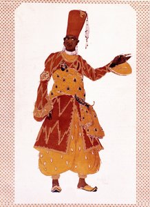 レオン・バクスト（1866-1924）と呼ばれるレフ・サモイロヴィッチ・ローゼンバーグが、ニコライ・アンドレーエヴィッチ・リムスキー・コルサコフ（リムスキー・コルサコフまたはリムスキー・コルサコフ）作曲のバレエ「シェヘラザード」のために描いた偉大なる宦官の衣装 作： Leon Bakst