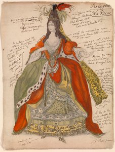ピョートル・チャイコフスキー (1840-1893) によるバレエ「眠れる森の美女」のための女王の準備衣装 (P.チャイコフスキーによるバレエ「眠れる森の美女」の衣装デザイン) - レオン・バクスト (1866-1924) の作品、鉛筆と水彩紙（33x25cm） 作： Leon Bakst