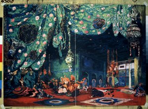 ニコライ・リムスキー・コルサコフ（リムスキー・コルサコフ）（1844-1908）による「千夜一夜物語の後」のバレエ「シェヘラザード」の舞台セット。 (N.Rimsky Korsakov (Rimsky-Korsakov) によるバレエ Sheherazade の舞台デザイン。Leon Bakst (1866-1) による描画)。