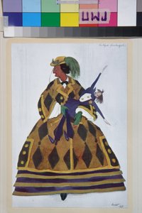 イングリッシュウーマン、ジョアキーノ ロッシーニ作バレエ ラ ブティック ファンタスクの衣装 - レオン バクスト作 (1866-1924)、リトグラフ 1919 - (ジョアキーノ ロッシーニ作バレエ「魔法のおもちゃ屋」の衣装デザイン、レオン バクスト作、カラーリトグラフ 作： Leon Bakst