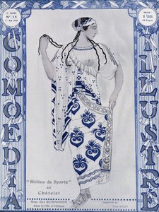 バレエ・リュスシャトレでの「スパルタのヘレン」、ヘレン役のアイダ・ルービンシュタイン嬢 - バクストの水彩画、"Comoedia illustrated "に掲載されています。 作： Leon Bakst