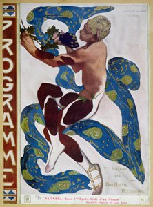 1912年の「バレットラッセ」の第7シーズンのプログラムの表紙からのクロードドビュッシー（1862-1918）による「ラプレミディダンフォーン」のニジンスキーのフォーンコスチューム 作： Leon Bakst