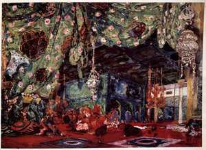 ニコライ（ニコライ）・リムスキー・コルサコフ（1844-1908）のオペラ「シェヘラザード」（Sheherazade）のために、ロシアの画家・装飾家レオン・バクスト（1866-1924）が描いたシナリオ。