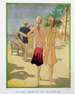 カンヌのクロワゼット プロムナードを散歩するファッショナブルな人々、「Femina」マガジンのイラスト、1927 年のクリスマス (カラー リソ) 作： Leon Benigni