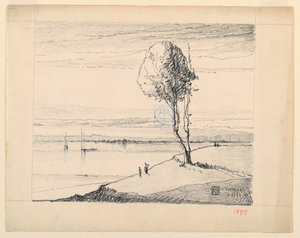 遠くにヨットが見える丘の中腹と木 作： Leon Dabo
