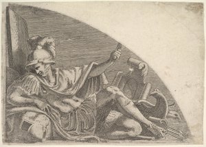 トロフィーに囲まれて座るマルス（1540-56年）。 作： Leon Davent