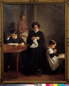 画家の家族 ルージュンの兄は勉強、母と妹は裁縫をしていた。レオン・ボナ（1833-1922）の絵画 1853年 バイヨンヌ、ボナ美術館。 作： Leon Joseph Florentin Bonnat
