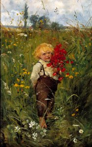 ブーケを持った小さな男の子レオン・タンジ（1846-1913）の絵 作： Leon Louis Tanzi