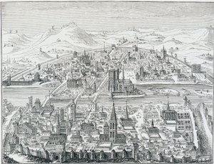 1607年、レオナール・ゴルチエの版画をもとに描かれた「パリの遠近法による全景」。 作： Leonard Gaultier