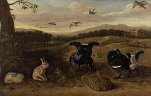 黒のゲーム、公園でのウサギとツバメ、1700年頃（キャンバスに油彩） 作： Leonard Knyff