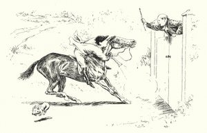 ライゲートに狩りに行った男が、高い門を飛び越えようとしていた（彫刻）。 作： Leonard Leslie Brooke