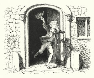 女の子も男の子も遊びに来てね、月は昼のように輝いているよ（彫刻 作： Leonard Leslie Brooke