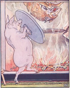 彼はポットのカバーを外し、オオカミを倒しました。 作： Leonard Leslie Brooke