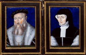 ギーズ公爵クロード・ド・ロレーヌ（1496-1550）とその妻ブルボン・ヴァンドーム家のアントワネット（1494-1583）の肖像 エナメル画をレオナルド・リモザン（1505-1577）が描いた1550年頃の日。0.25x0.2 m Ecouen, Musee national de la renaissance 作： Leonard Limosin