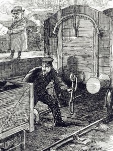 鉄道労働者の事故を描いた漫画。レナード・レイヴン・ヒル（1867-1942）20世紀イギリスの画家、イラストレーター、漫画家によるイラスト。 作： Leonard Raven Hill