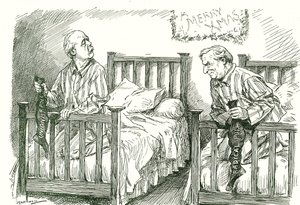 クリスマス・ストッキングを手にした保守党のアーサー・バルフォーと自由党のハーバート・アスキス。1910年12月の総選挙では、両党とも過半数には届かなかった。アスキスはアイルランド国民党との連立政権を樹立した。レナード 作： Leonard Raven Hill