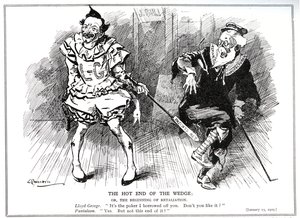 1907年、1909年の「特許および意匠法」により、貿易委員会の会長としてのロイドジョージは、イギリスの産業をドイツの競争から保護しました。 作： Leonard Raven Hill