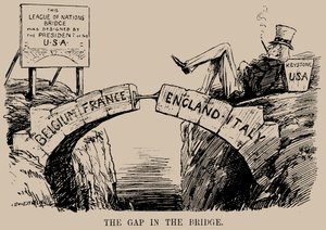 ブリッジのギャップ。 1919 年 12 月、国際連盟における米国の不在に関する漫画。