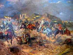 1919年、1920年、スローツク近郊のボリシェヴィキに対するポーランドのウーラン人の攻撃。 作： Leonard Winterowski