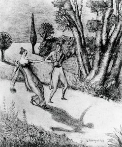 ペーター・シュレミールの『奇跡の物語』の挿絵、アダルベルト・フォン・チャミッソ（1781-1838）の小説、レオナルド・ボルゲーゼ（1904-1986）の絵のリトグラフ、モディアノ社刊。