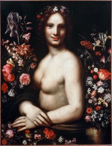 花の中のフローラ（Flora）と呼ばれる若い女性の胸像 モデルはモナリザ（Mona or Monna Lisa）だろう レオナルド・ダ・ヴィンチ（Leonard de Vinci）（1452-1519）のデッサンに基づく絵画 17世紀 ベルガモ、アカデミア・カッラーラ 作： Leonardo da (after) Vinci