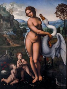 レダと白鳥、キャンバスに油彩 作： Leonardo da (after) Vinci
