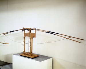 レオナルド・ダ・ヴィンチ(Leonardo da Vinci)の図面に基づいた模型、翼で飛ぶための機械。ミラノの科学技術博物館。 作： Leonardo da (after) Vinci