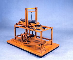 歯車と水で作動する油圧ノコギリの木製モデル（模型）。レオナルド・ダ・ヴィンチ（レオナルド・デ・ヴィンチ）（1452-1519）の図面に基づいて製作されたもの ミラノ科学技術博物館 作： Leonardo da (after) Vinci