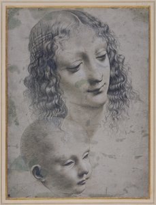 女性の頭と赤ちゃんの頭（グレーの下敷きにメタルポイント 作： Leonardo da (follower of) Vinci