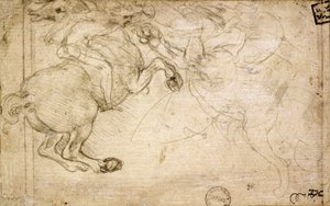 グリフィンとの戦闘における騎士、16世紀（紙のシルバーポイント） 作： Leonardo da Vinci