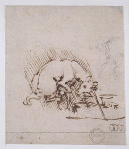 ホーンを水たまりに浸したユニコーン、1481年頃（ペンとインク、紙の金属部分） 作： Leonardo da Vinci
