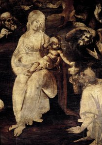 マギの崇拝。聖母マリアのディテール。(木に油彩 作： Leonardo da Vinci