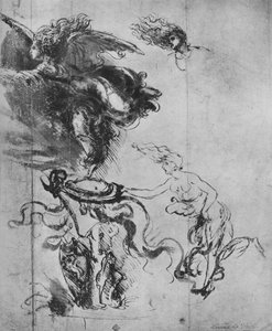 トロフィーに盾を置く天使と天使の別の研究、c1480 1945 作： Leonardo da Vinci