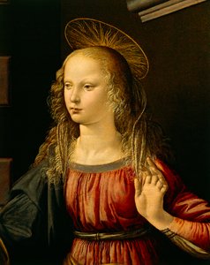 受胎告知、1475年頃（木の油とテンペラ） 作： Leonardo da Vinci