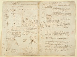 Arundel 263 f.107v f.104 「Codex Arundel」からの力学に関するメモと図、c.1506-8 (紙にペンとインク)