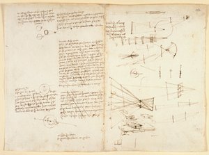 Arundel 263 f.115v、f.112 目の特性に関するメモ、スケッチ、図、1490 年頃（紙にペンとインク） 作： Leonardo da Vinci