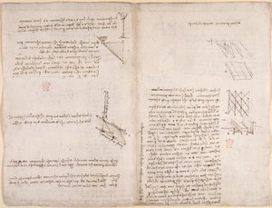 Arundel 263、f.120v、f.121液体の速度に関する力学に関するメモと図、c.1503-6（紙にペンとインク） 作： Leonardo da Vinci