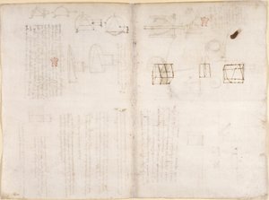 Arundel 263、f.130v、f.133 「Codex Arundel」からの図付きの空白ページ (紙にペンとインク) 作： Leonardo da Vinci