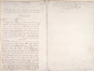 Arundel 263, f.166v, f.163 「Codex Arundel」からの鳥の飛行に関するメモと図表、c.1500-5 (紙にペンとインク) 作： Leonardo da Vinci